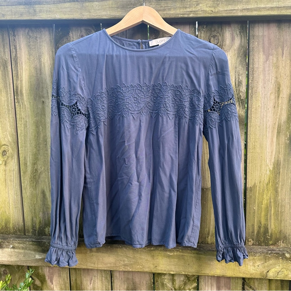 Loft Embroidered Blouse Long Sleeves Blue Dusk Indigo Size Small